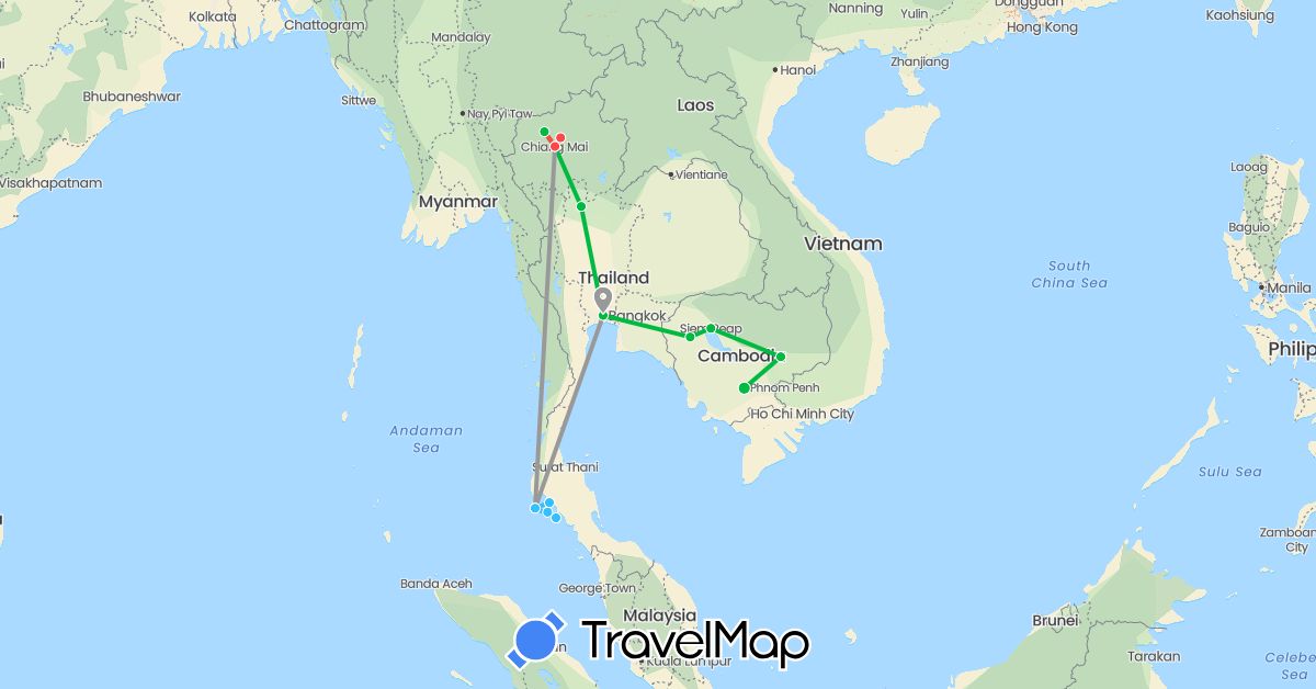 TravelMap itinerary: bus, plane, hiking, boat in Cambodia, Thailand (Asia)